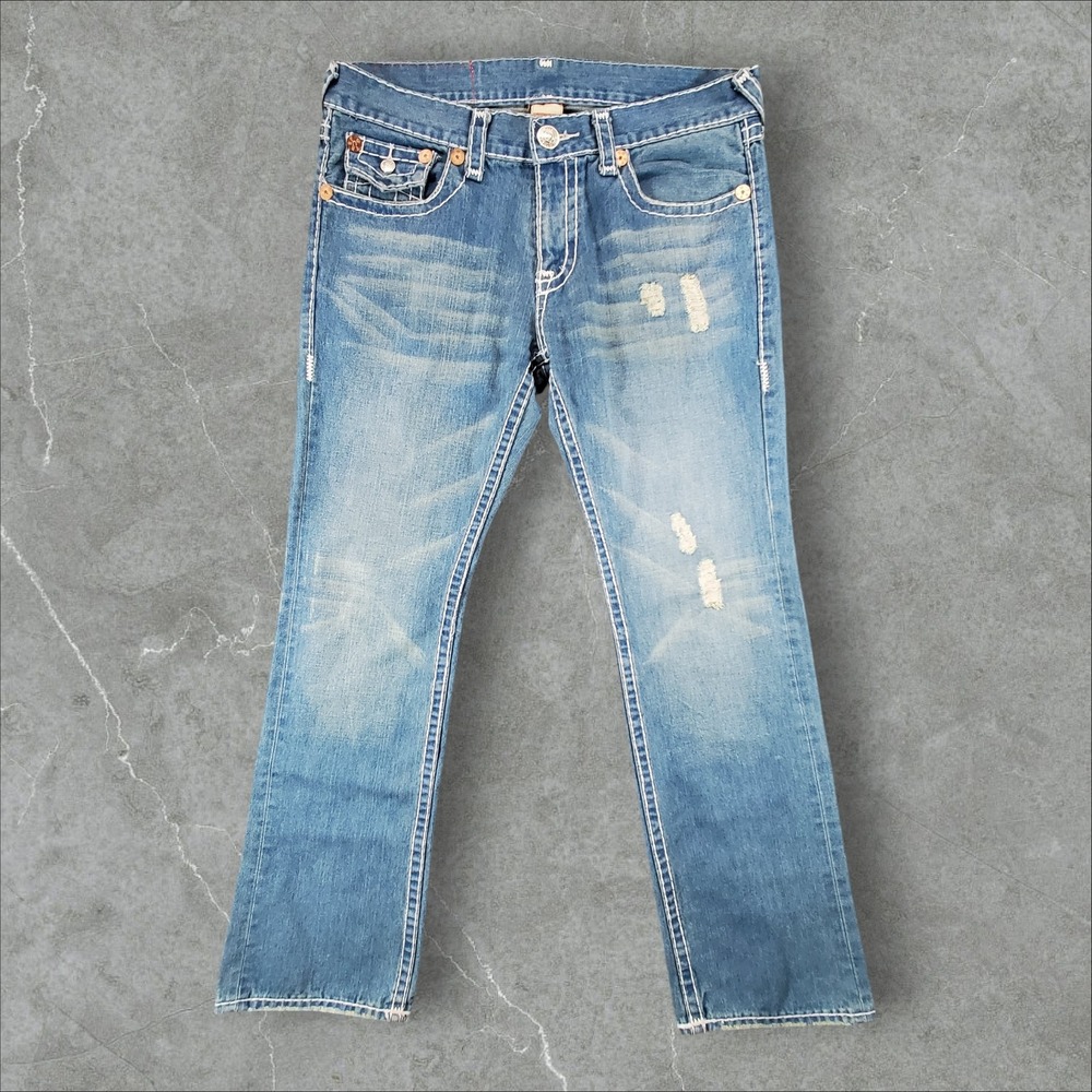 True Religion Billy Super T Jeans Men 36x32 Blue Straight Distressed Made in USA